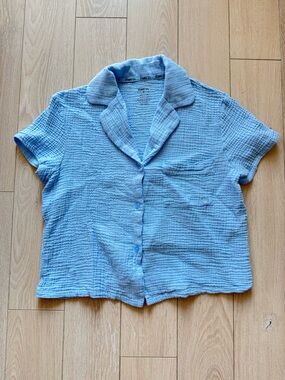 Børn Cotton Gauze Relaxed Camp Collar Short Sleeve Shirt in Light Blue Size M
